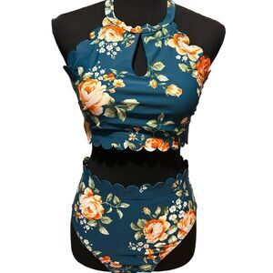 Cupshe Teal Green Floral High-Waisted Bikini Set Neck Tie Scalloped Edges Size M